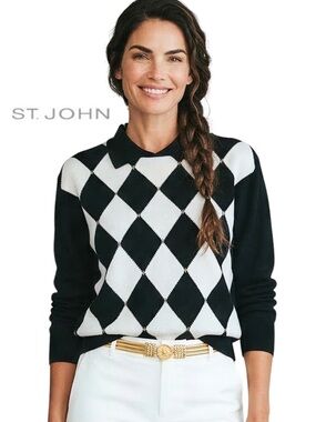 ST. JOHN Argyle Black White Diamond Collared Sweater Top - Size P